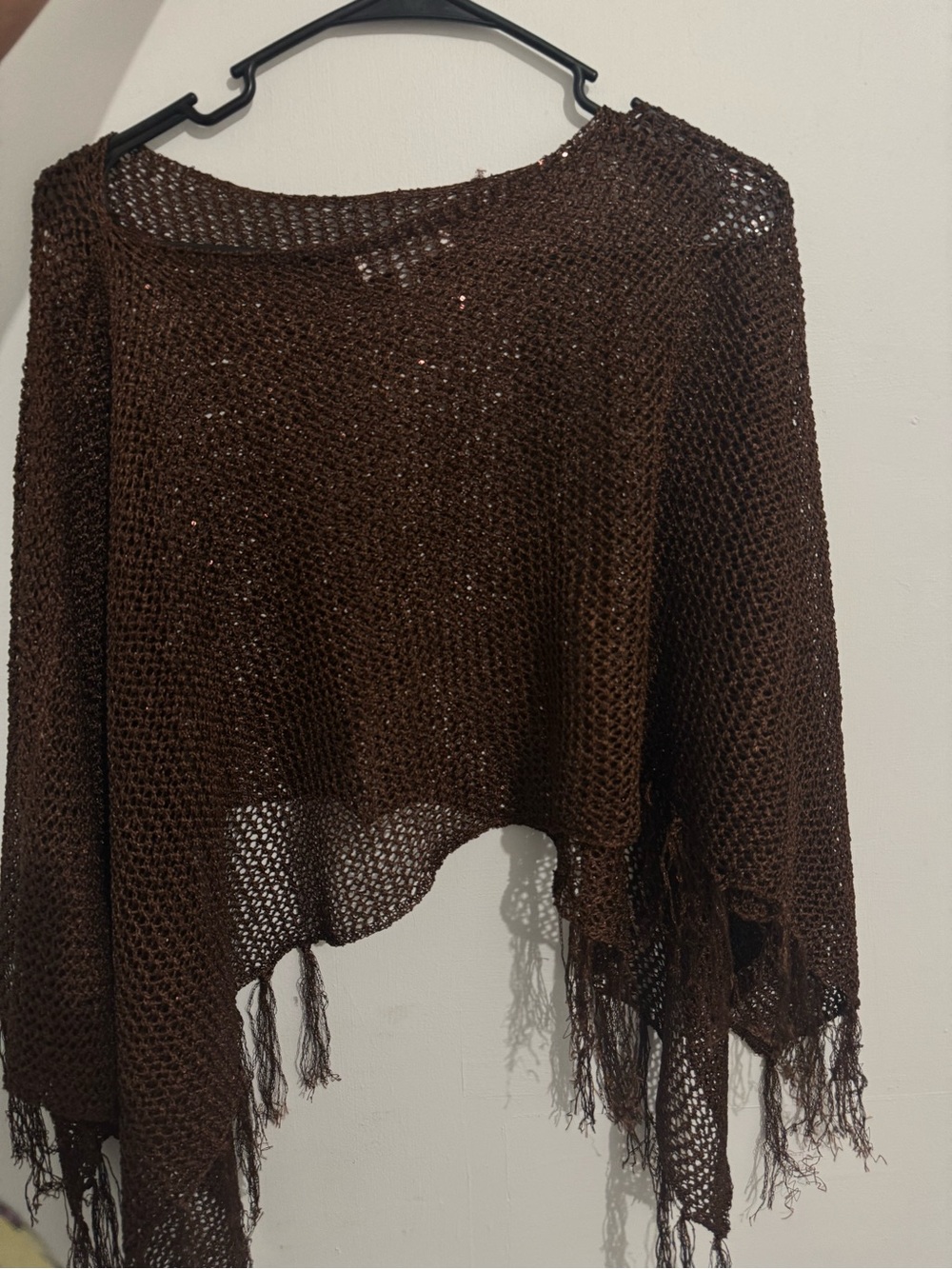 Others Follow Brown Open-Weave Fringe Poncho Sweater